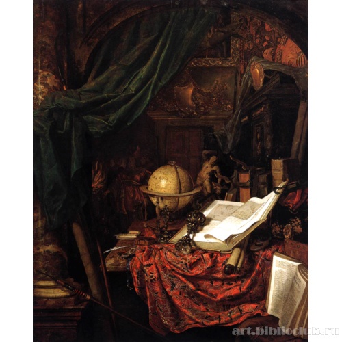 Натюрморт с глобусом, книгами, статуей и другими предметами