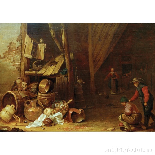 Внутренний вид крестьянского сарая с натюрмортом и двумя мальчиками