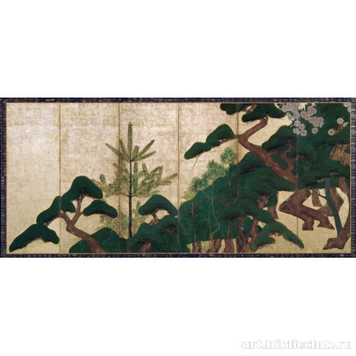 Раздвижные панели (фусума) с изображением сосны и цветущей сакуры