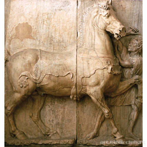 Рельеф, изображающий лошадь в шкуре пантеры, ведомую молодым эфиопом