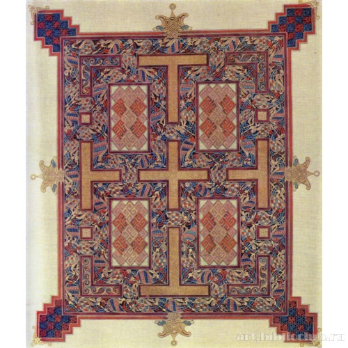 Страница, украшенная крестообразным орнаментом. Линдисфарнское Евангелие