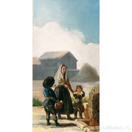 Женщина с двумя детьми у фонтана