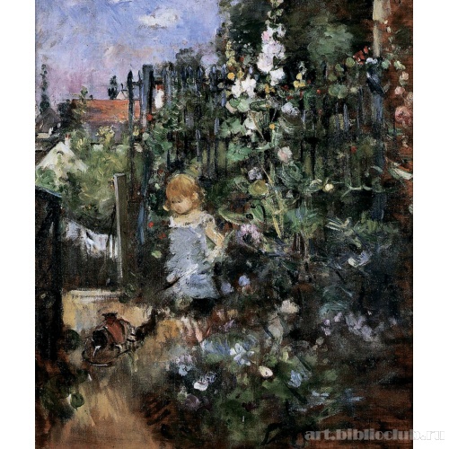 Ребенок у куста мальвы