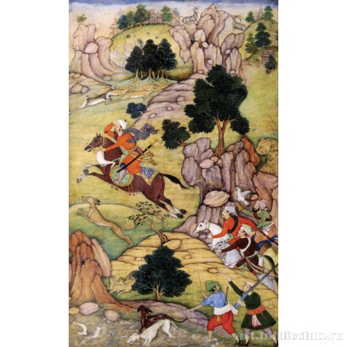 Бегство мятежного эмира Хасан-Якуба. Миниатюра из рукописи «Бабур-наме»