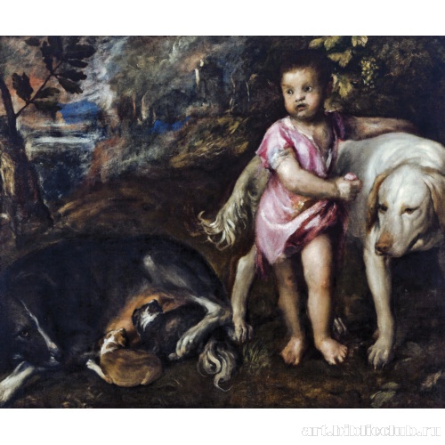 Мальчик с собаками в пейзаже