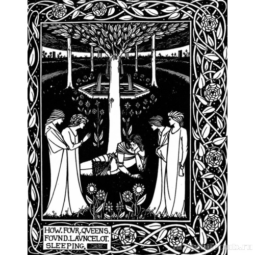 Как четыре королевы нашли спящего сэра Ланселота. Иллюстрация для книги Т. Мэлори «Смерть Артура»