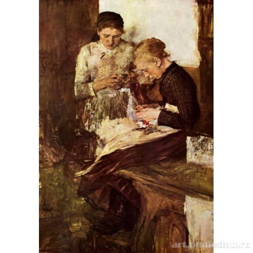 Девушка, вышивающая, сидя на лежанке