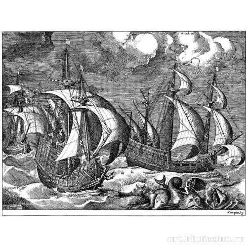 Три парусных корабля в бурю