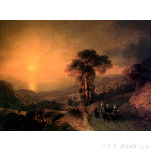 Вид моря с гор при закате солнца