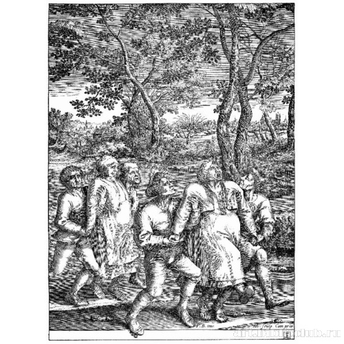 Группа крестьян, ведущая двух женщин, направляющаяся вправо