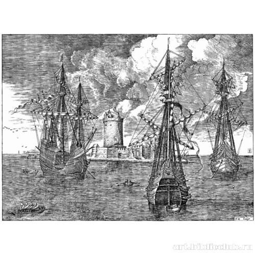 Три парусных корабля со свернутыми парусами