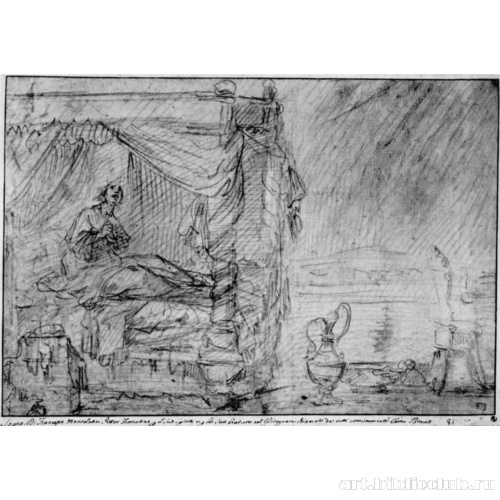 Сидящая на кровати с балдахином фигура