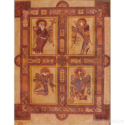 Страница с символическим изображением четырех евангелистов (Матфей - человек, Марк - лев, Лука - бык или телец, Иоанн - орел). Книга из Келлса