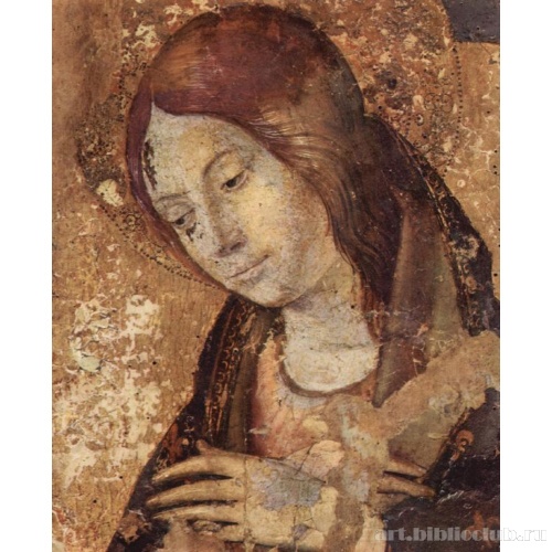 Полиптих св. Григория, фрагмент правой верхней доски, Благовещение Марии. Деталь: голова Марии